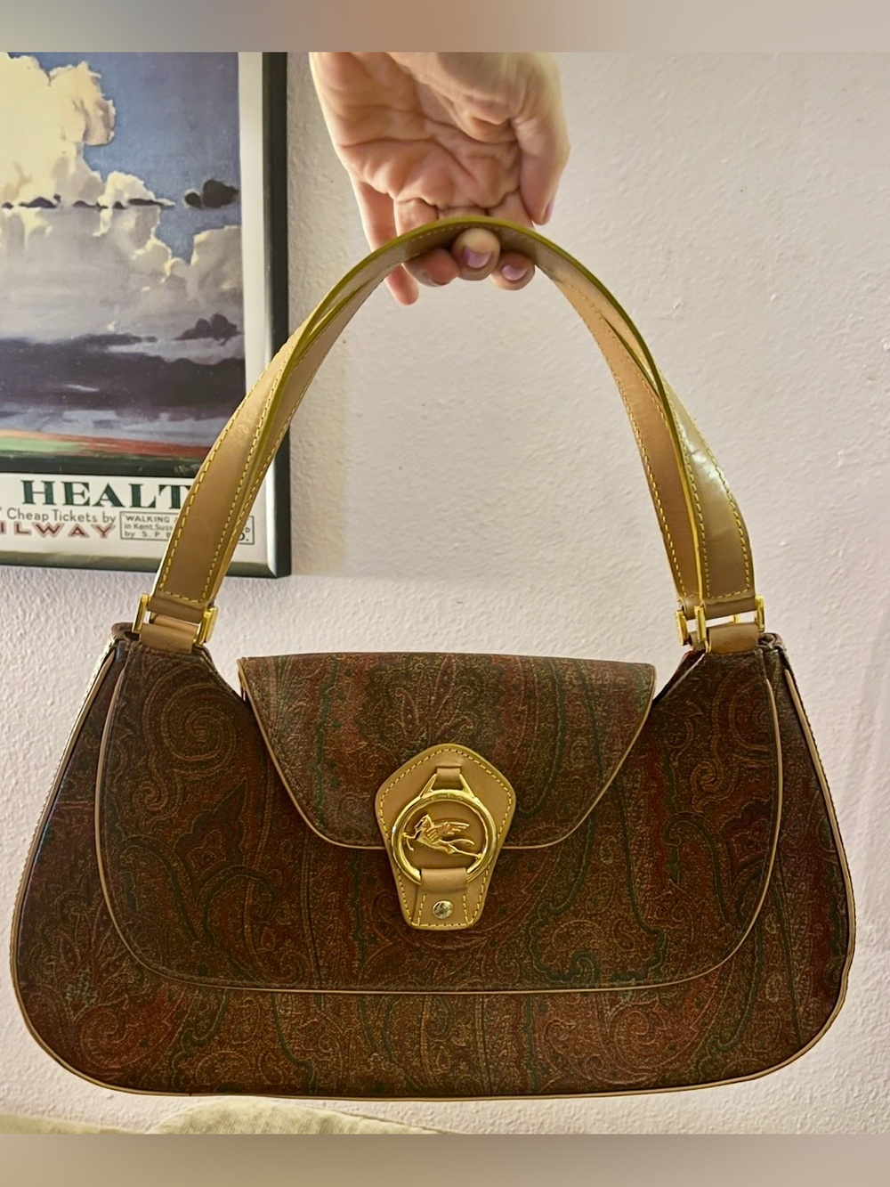 ETRO VTG Y2K Arnica Paisley Flap Hobo Shoulder Bag Gold Pegasus Accent Vintage - Picture 4 of 16